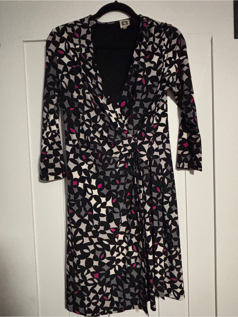 Anne Klein Black, Gray & Pink Geometric Wrap Midi Dress